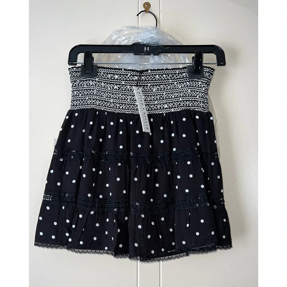 Alice + Olivia Annabeth Polka Dot Black White Lace Trimmed Mini Skirt